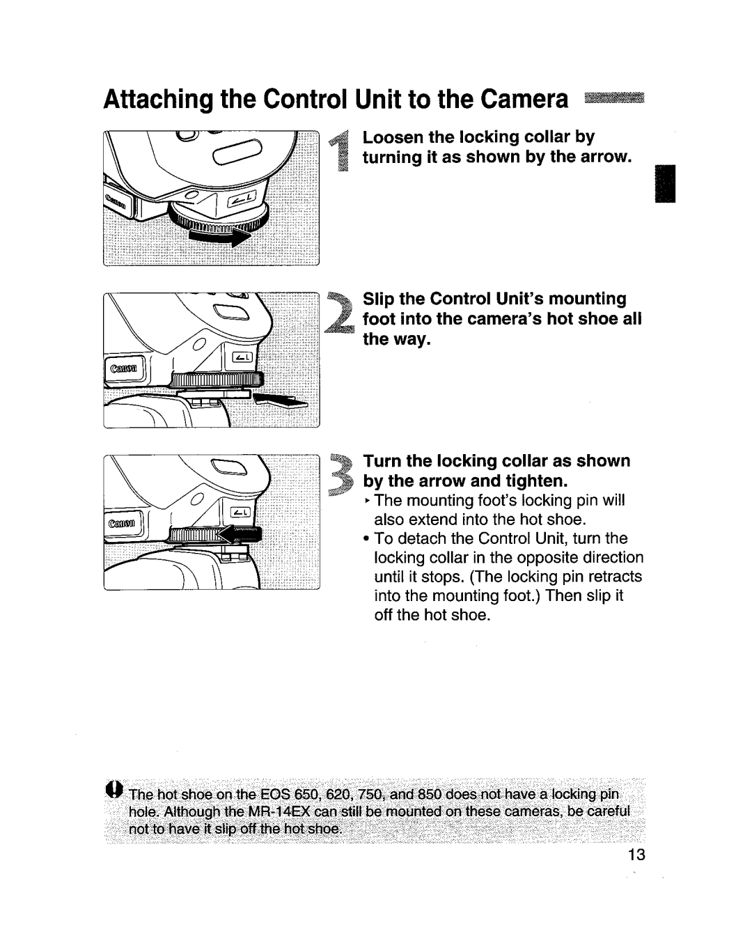 Canon MR-14EXl manual Attaching the Control Unit to the Camera 