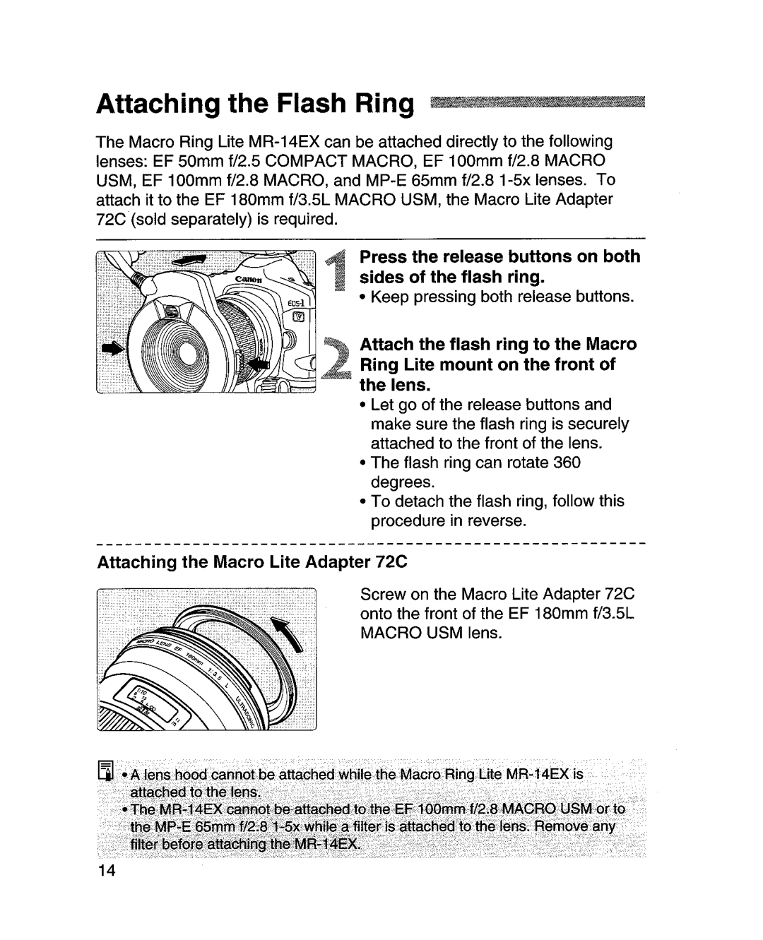 Canon MR-14EXl manual Press the release buttons on both sides of the flash ring, Attaching the Macro Lite Adapter 72C 