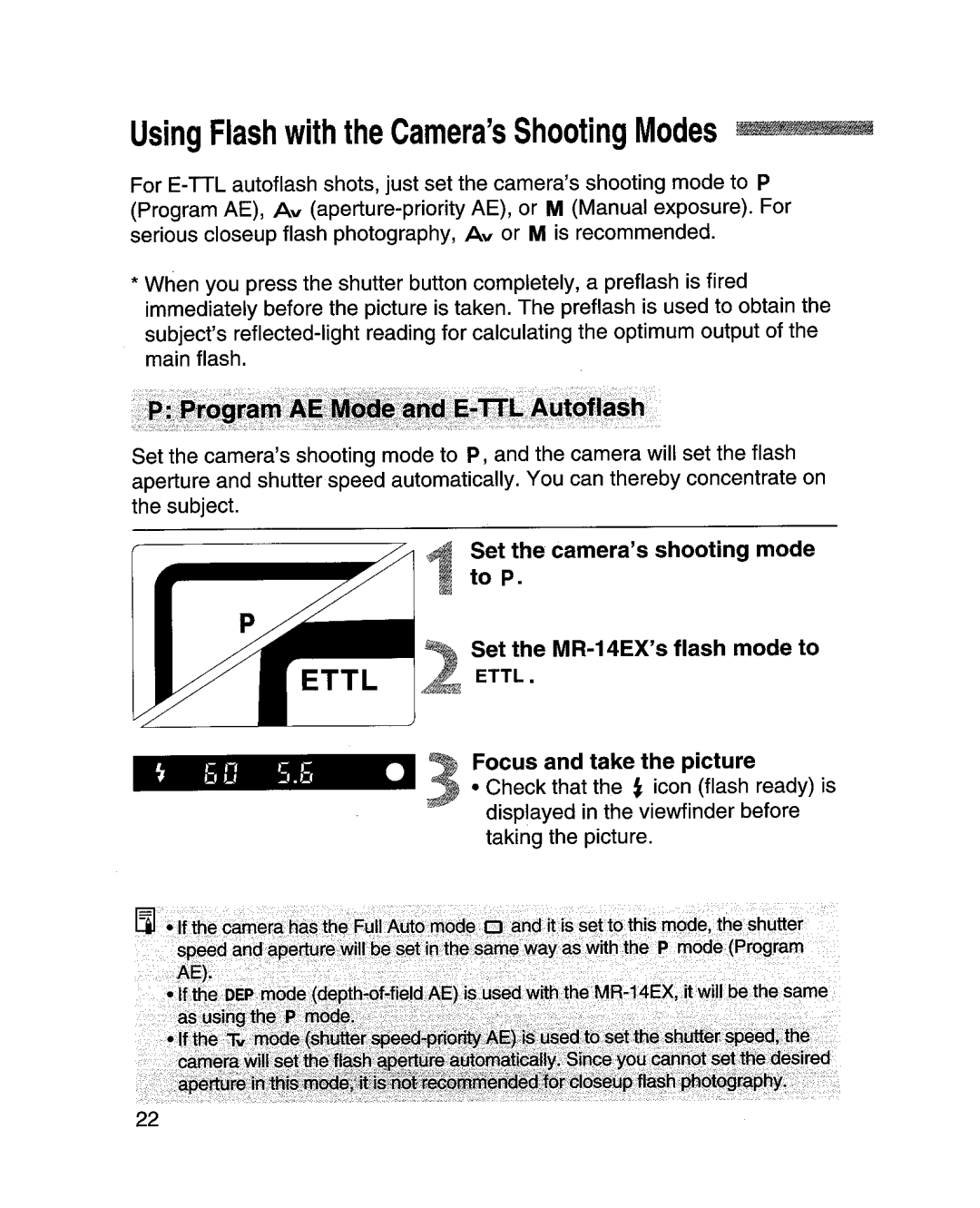 Canon MR-14EXl manual Set the camerasshooting mode, To P, Set the MR-14EXsflash mode to, Focus and take the picture 