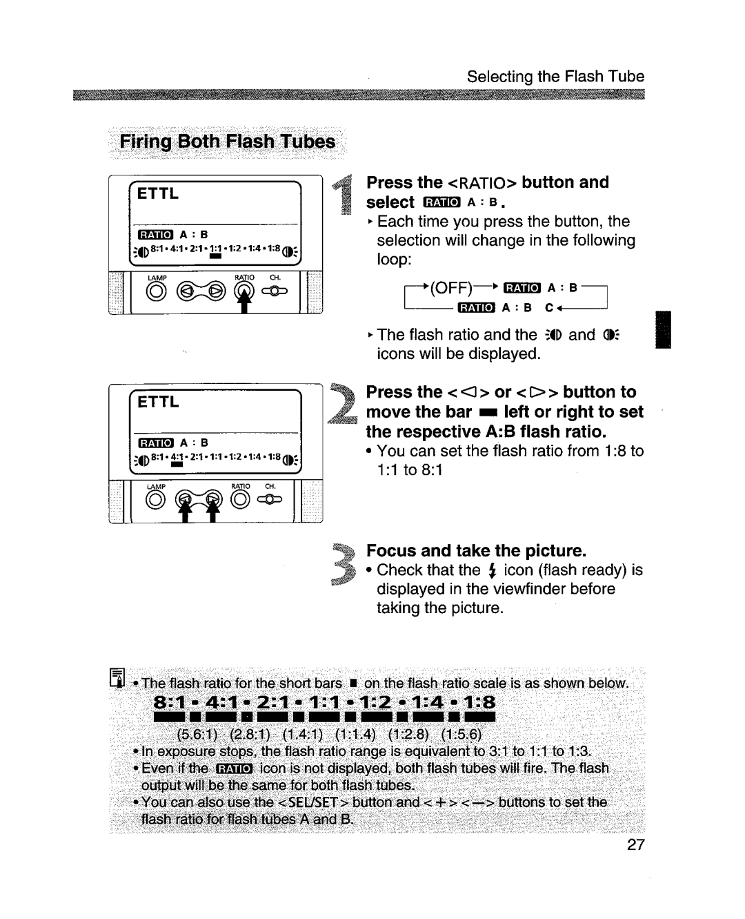 Canon MR-14EXl manual Press the Ratio button and select IiBml a B, Focus and take the picture 