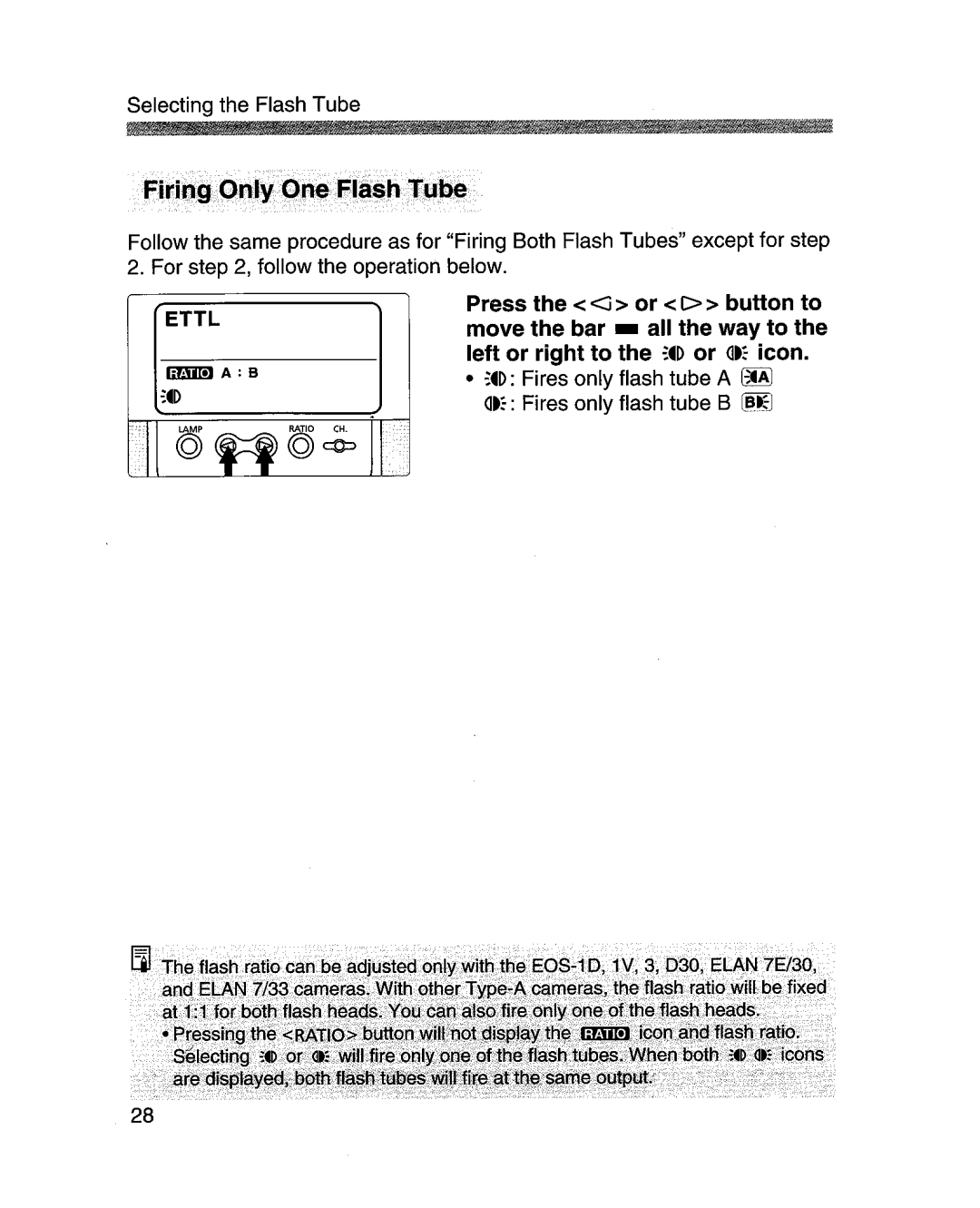 Canon MR-14EXl manual Fires only flash tube a ~ At Fires only flash tube B ~ 