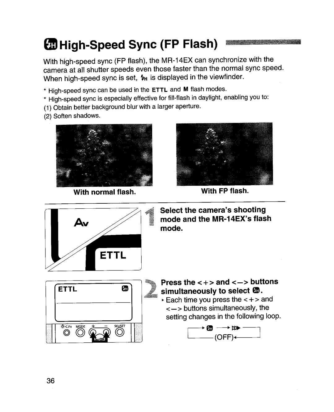 Canon MR-14EXl manual EDHigh-Speed Sync FP Flash IIIIIlIiJ I . till, With normal flash 