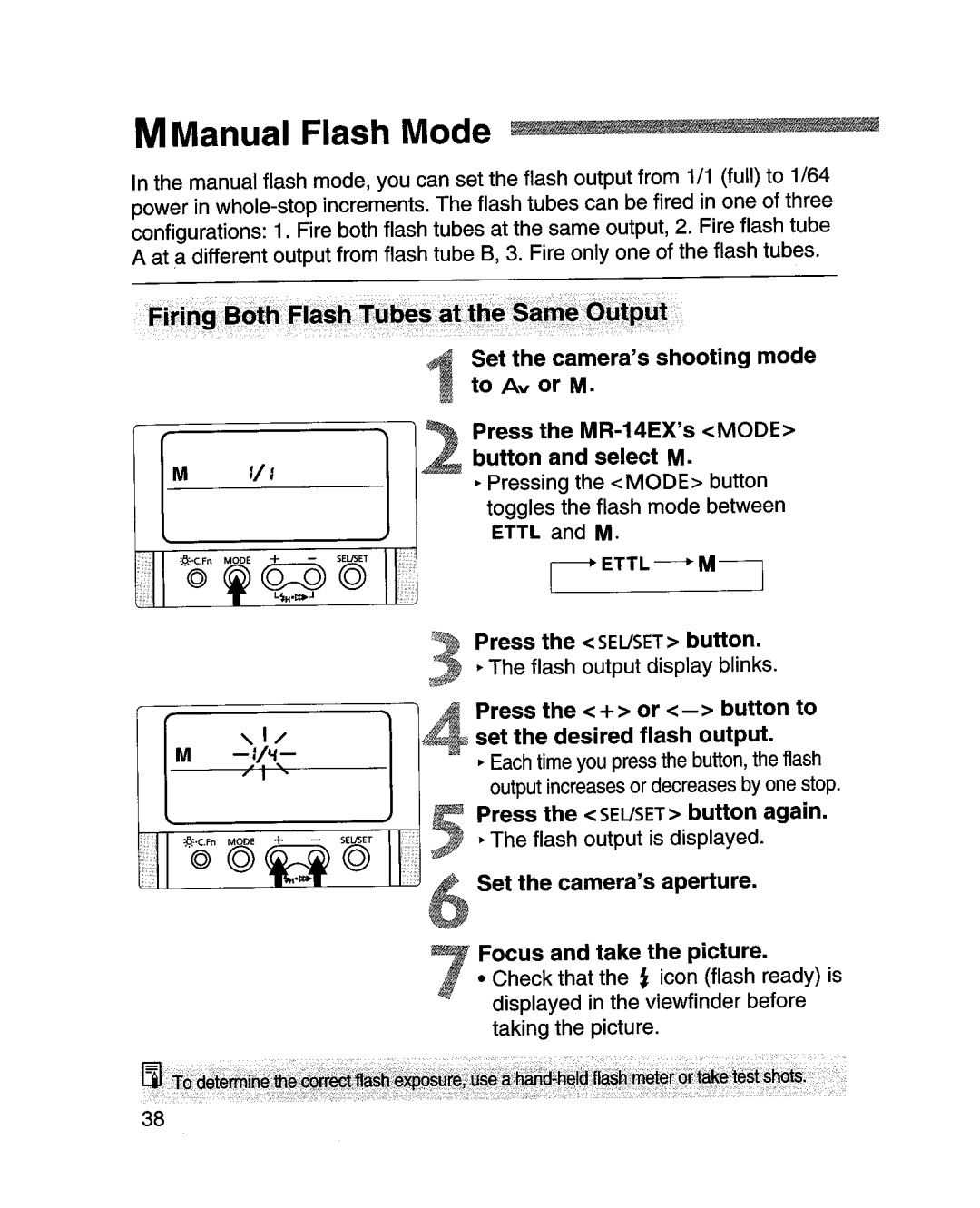 Canon MR-14EXl manual Press the Seuset button, Press the + or button to set the desired flash output 