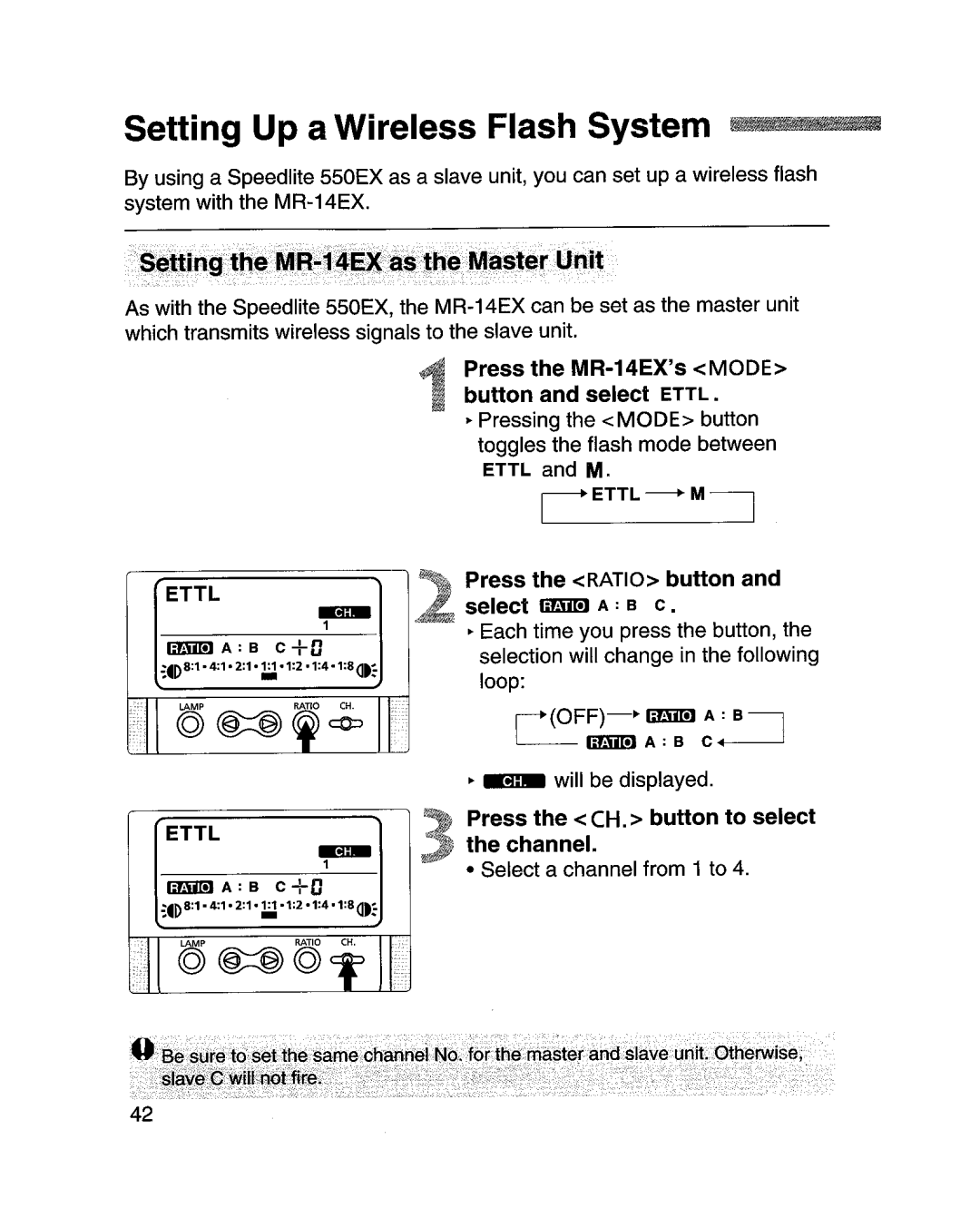 Canon MR-14EXl manual Setting Up a Wireless Flash System 1II!JI1IIIIIfJIIII, Press the MR-14EXsMODEbutton and select Ettl 