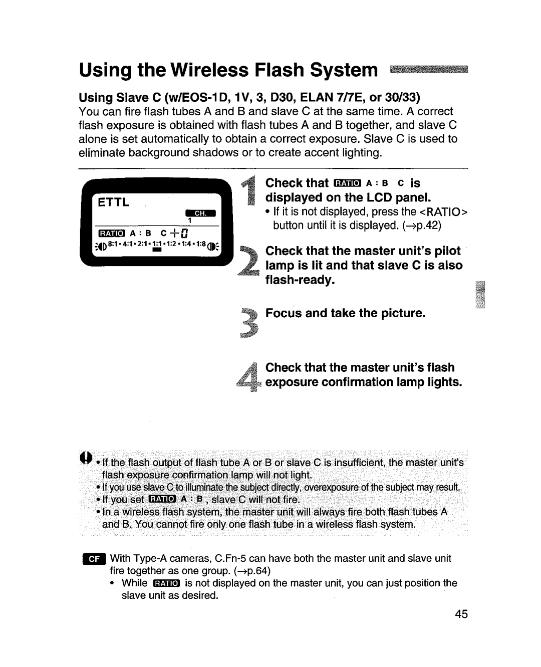 Canon MR-14EXl manual Using Slave C w/EOS-10, 1V, 3, 030, Elan 7nE, or 30/33 