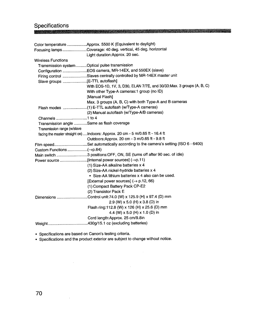 Canon MR-14EXl manual Specifications 