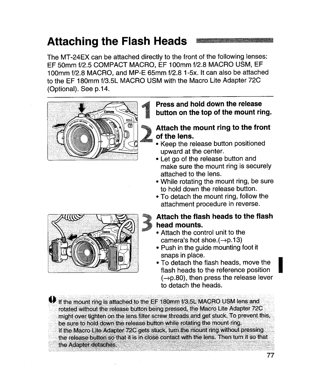 Canon MR-14EXl manual Attaching the Flash Heads .. ! in II~milmH~lmj~nnu, Attach the flash heads to the flash head mounts 