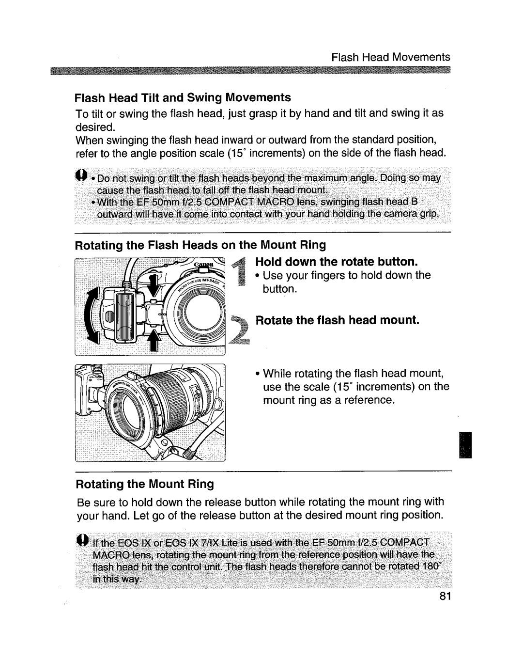 Canon MR-14EXl manual Flash Head Tilt and Swing Movements, Rotate the flash head mount, Rotating the Mount Ring 