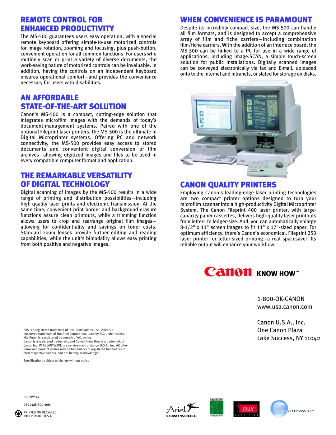 Canon MS-500 manual Remote Control For Enhanced Productivity, When Convenience Is Paramount, Canon Quality Printers 
