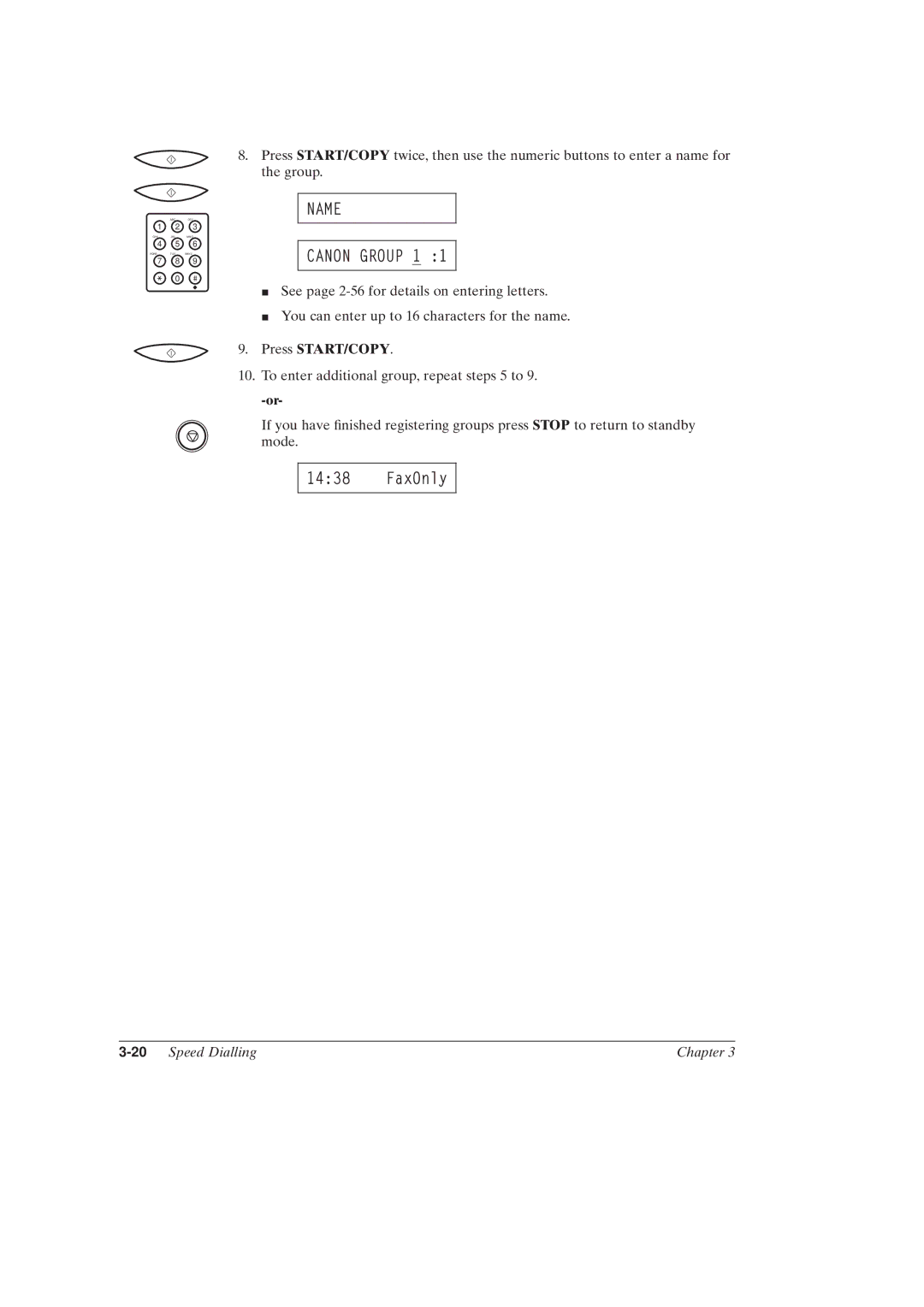 Canon MultiPASSTM C50 manual Name Canon Group 1, 20Speed Dialling Chapter 