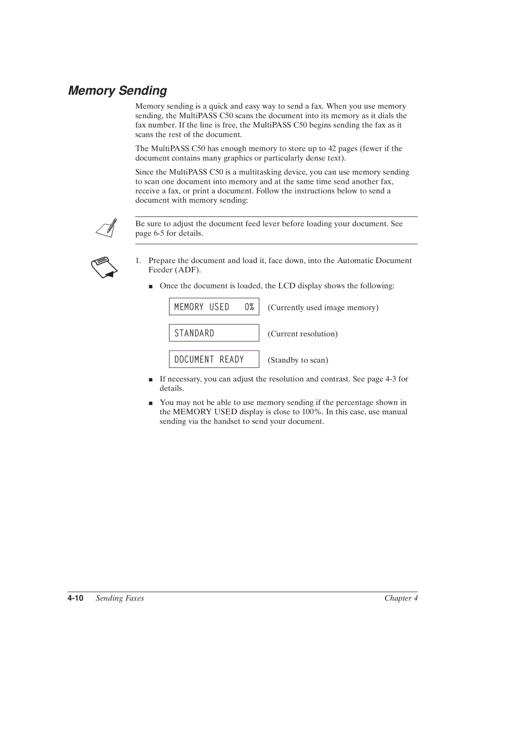 Canon MultiPASSTM C50 manual Memory Sending, Standard Document Ready, 10Sending Faxes Chapter 