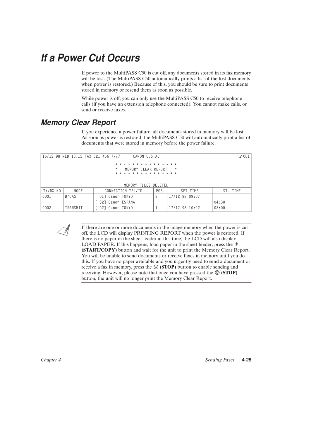 Canon MultiPASSTM C50 manual If a Power Cut Occurs, Memory Clear Report 