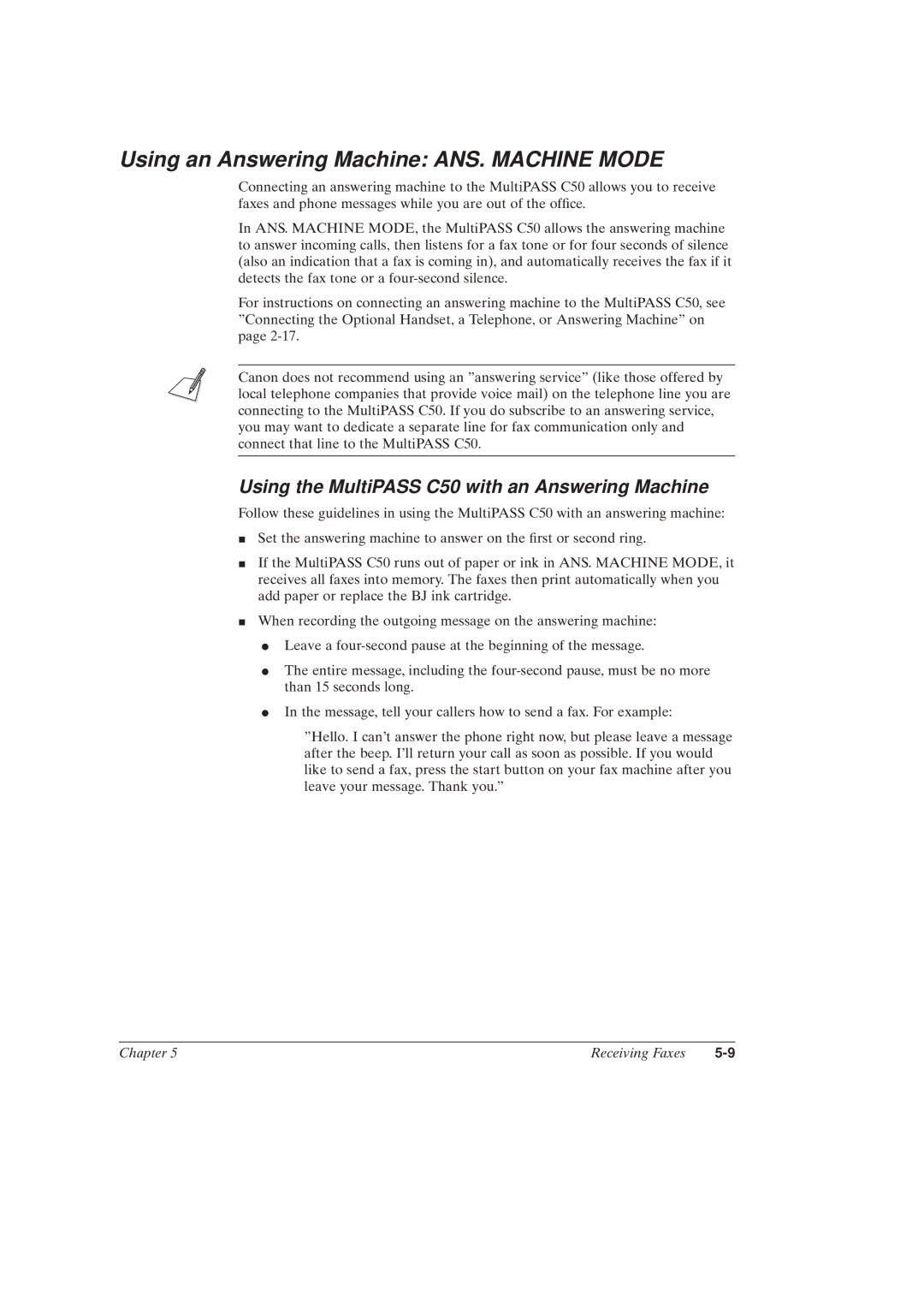 Canon MultiPASSTM C50 Using an Answering Machine ANS. Machine Mode, Using the MultiPASS C50 with an Answering Machine 