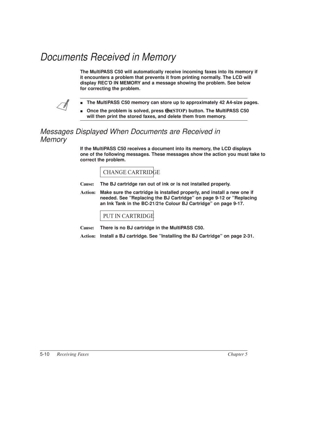 Canon MultiPASSTM C50 manual Documents Received in Memory, Messages Displayed When Documents are Received in Memory 