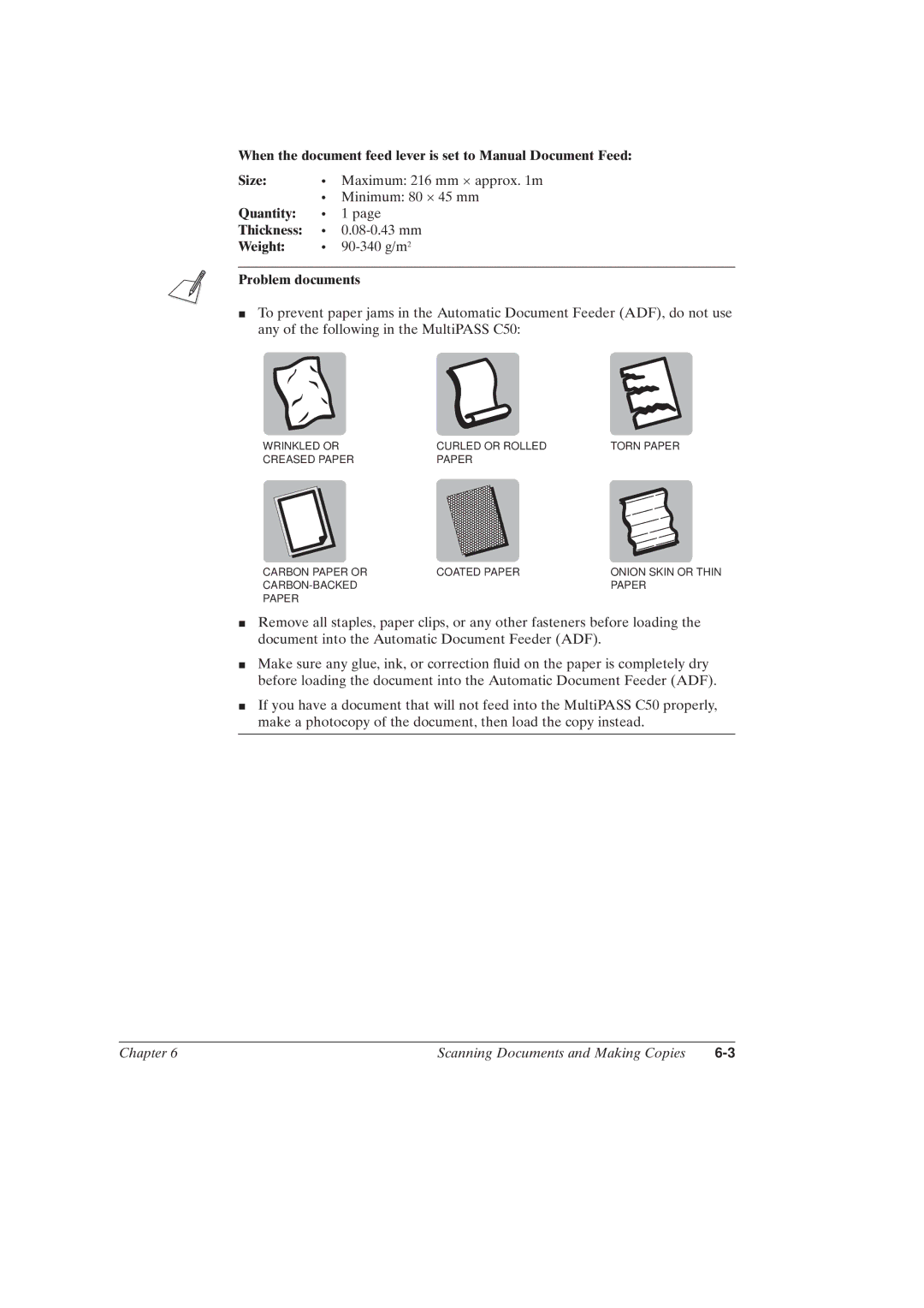 Canon MultiPASSTM C50 manual Quantity N 1 Thickness, Problem documents 