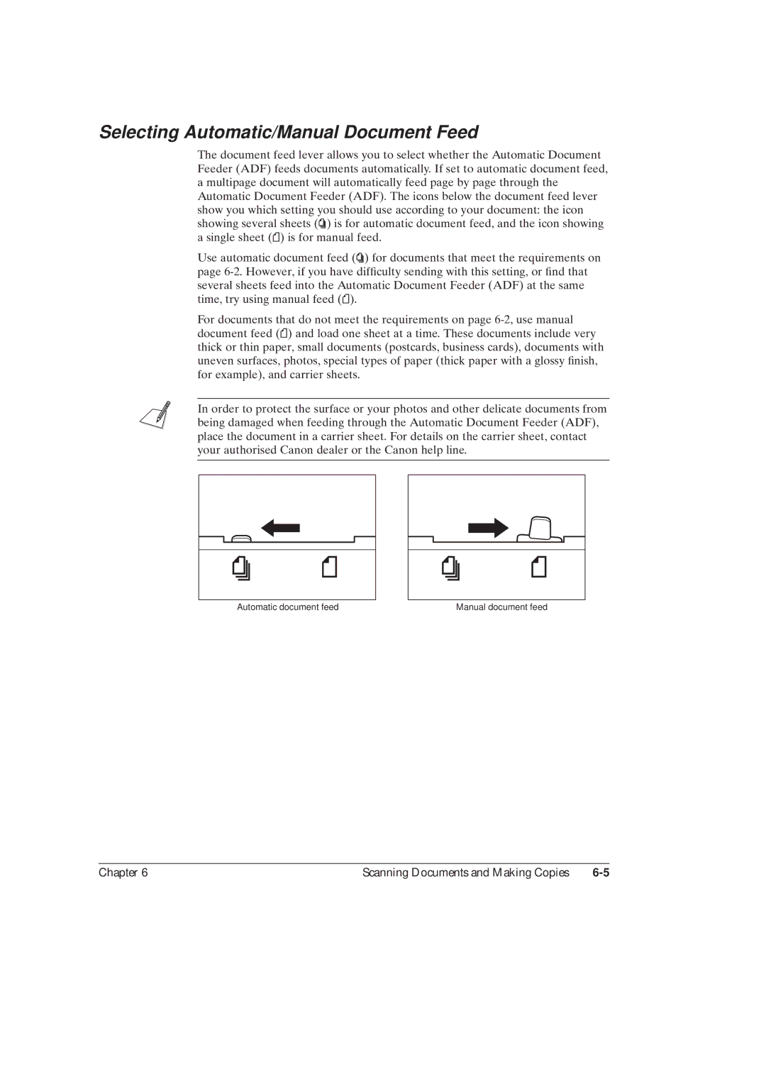 Canon MultiPASSTM C50 manual Selecting Automatic/Manual Document Feed 