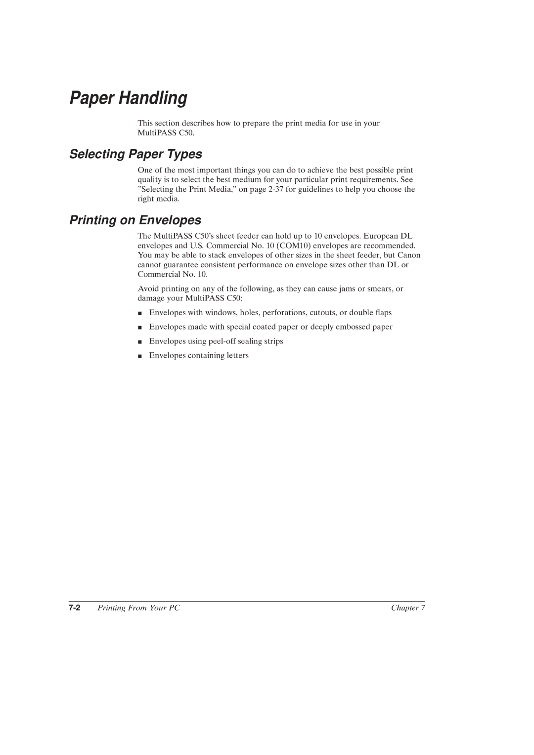 Canon MultiPASSTM C50 manual Paper Handling, Selecting Paper Types, Printing on Envelopes 