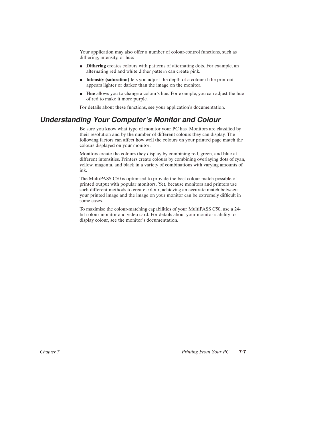 Canon MultiPASSTM C50 manual Understanding Your Computers Monitor and Colour 