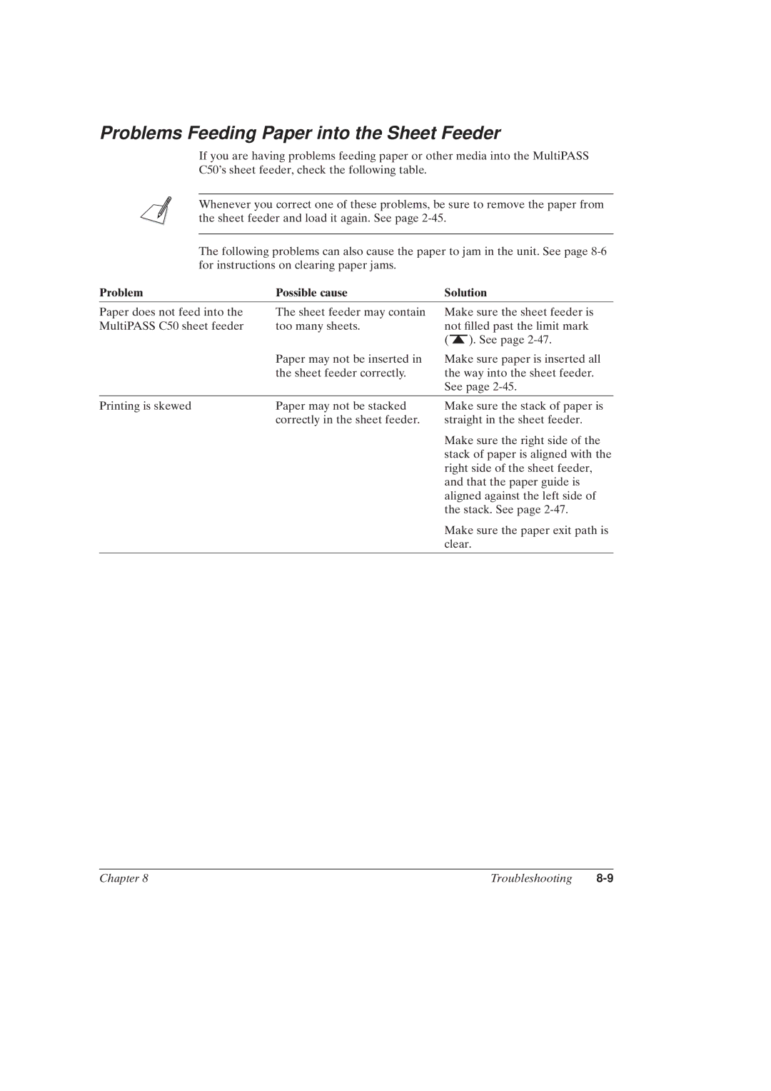 Canon MultiPASSTM C50 manual Problems Feeding Paper into the Sheet Feeder, Problem Possible cause Solution 