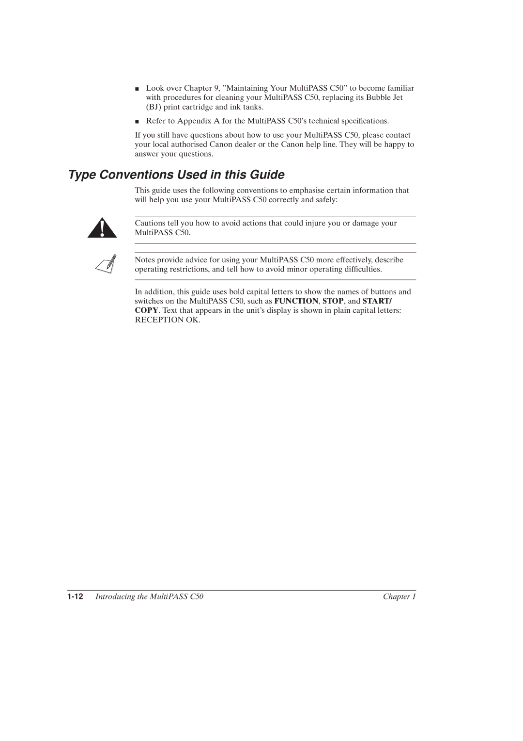 Canon MultiPASSTM C50 manual Type Conventions Used in this Guide, 12Introducing the MultiPASS C50 Chapter 