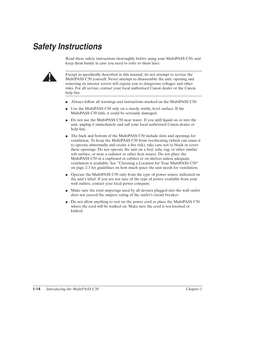 Canon MultiPASSTM C50 manual Safety Instructions, 14Introducing the MultiPASS C50 Chapter 