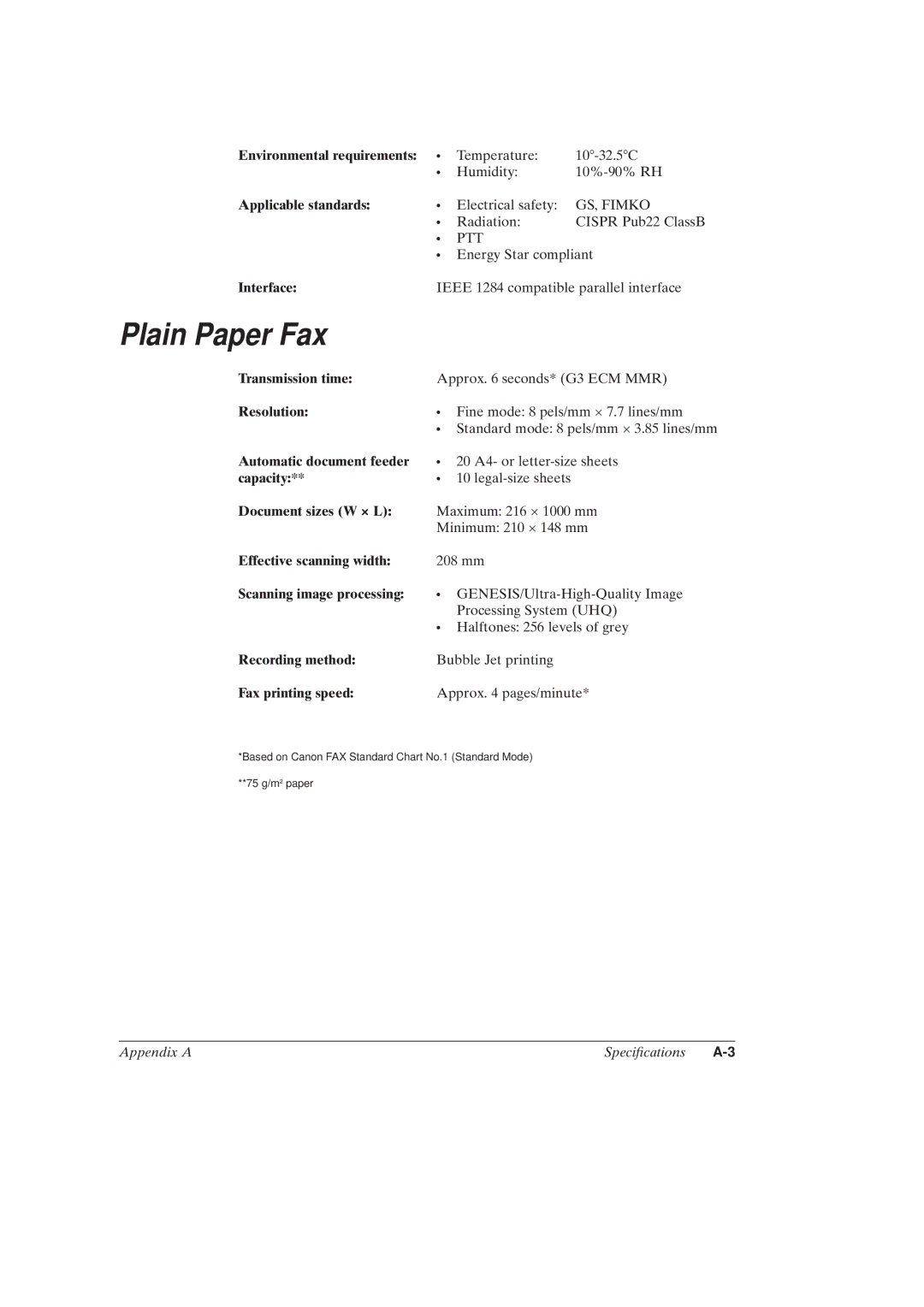 Canon MultiPASSTM C50 manual Plain Paper Fax, Environmental requirements, Applicable standards, Interface 