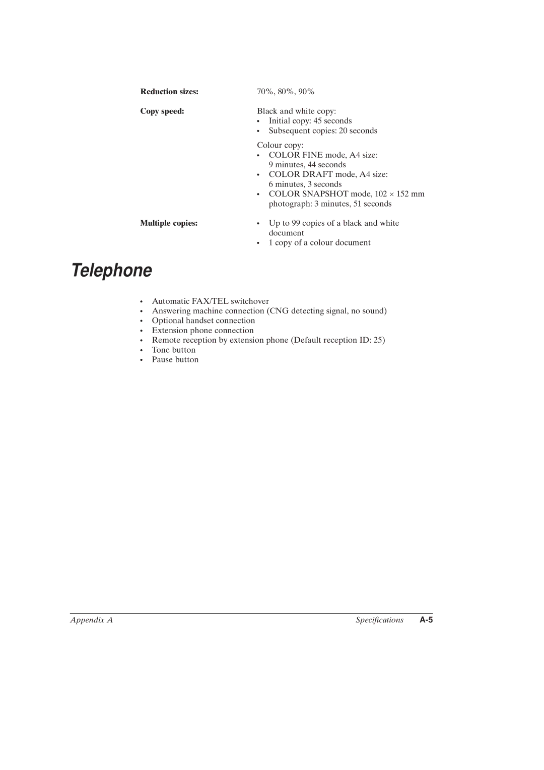 Canon MultiPASSTM C50 manual Telephone, Reduction sizes, Copy speed, Multiple copies 