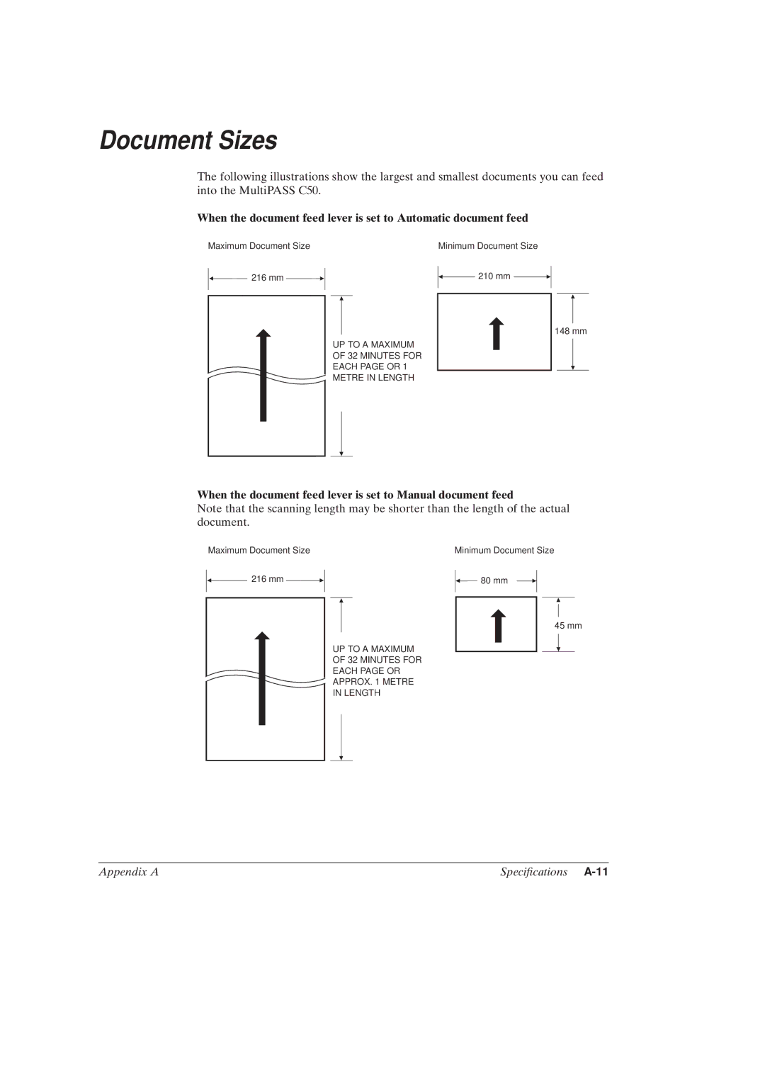 Canon MultiPASSTM C50 manual Document Sizes, When the document feed lever is set to Manual document feed 