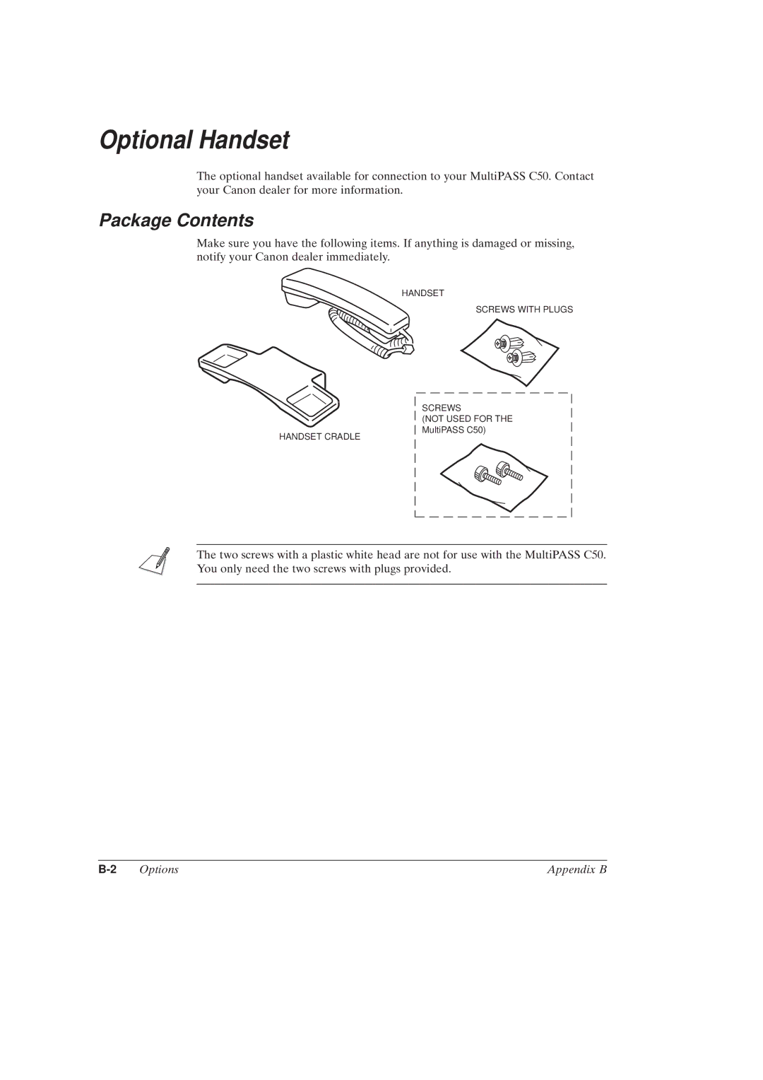 Canon MultiPASSTM C50 manual Optional Handset, Package Contents 