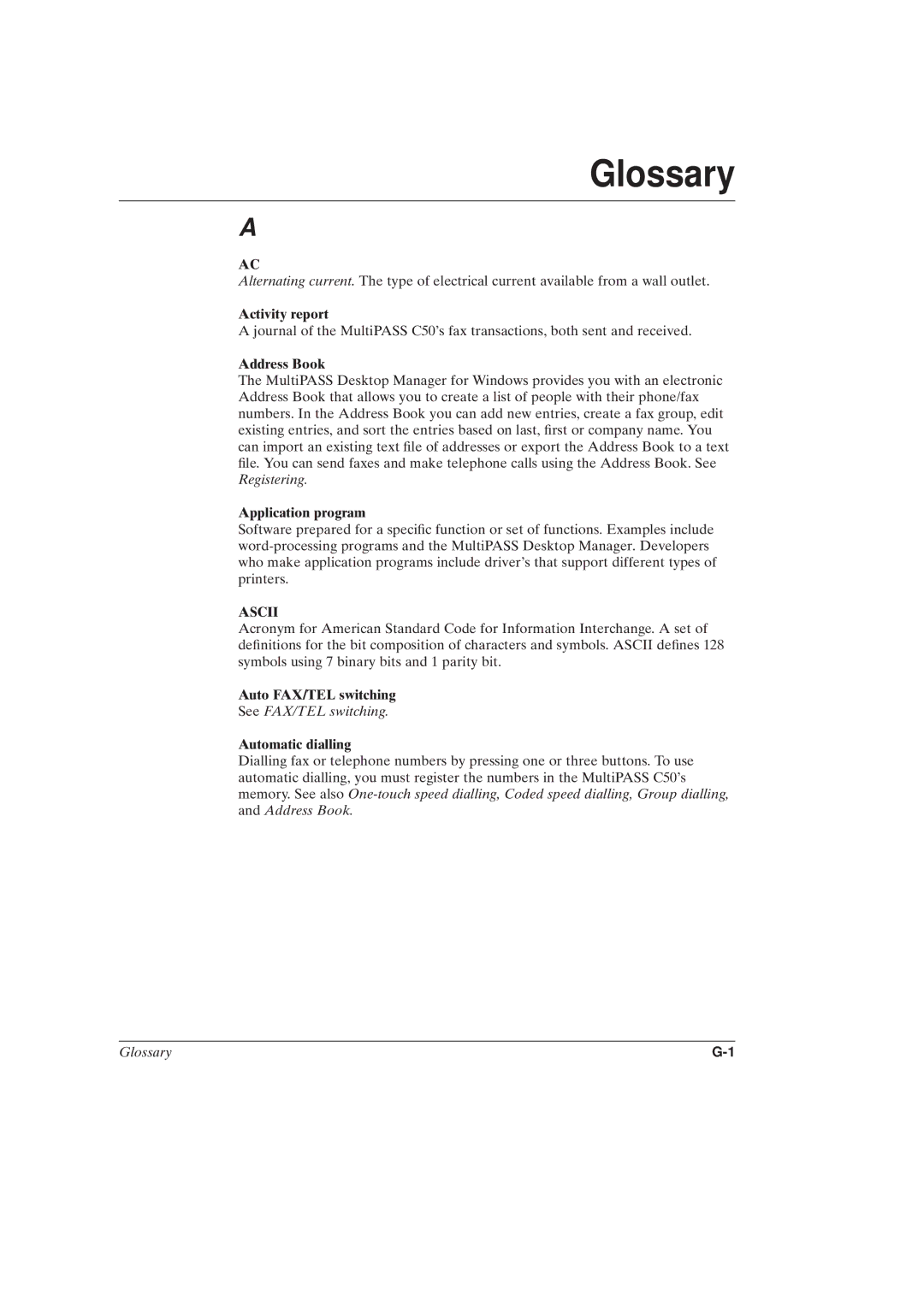 Canon MultiPASSTM C50 manual Activity report, Address Book, Application program, Auto FAX/TEL switching 