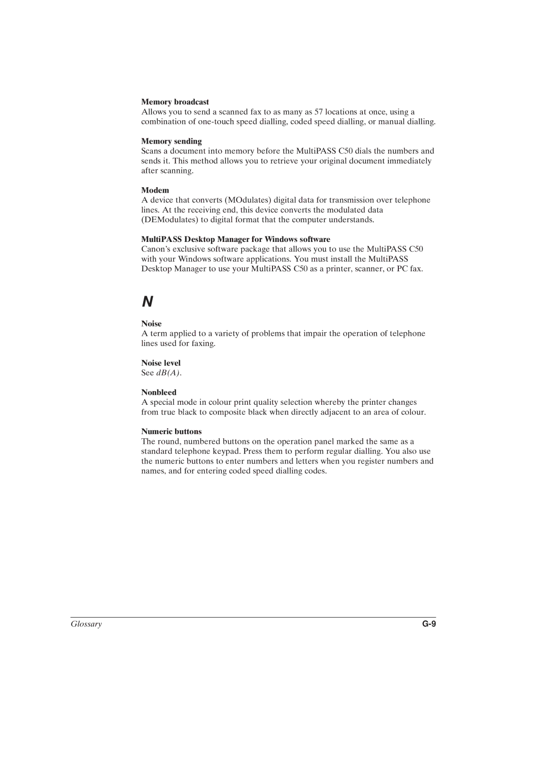 Canon MultiPASSTM C50 manual Memory broadcast, Memory sending, Modem, MultiPASS Desktop Manager for Windows software, Noise 