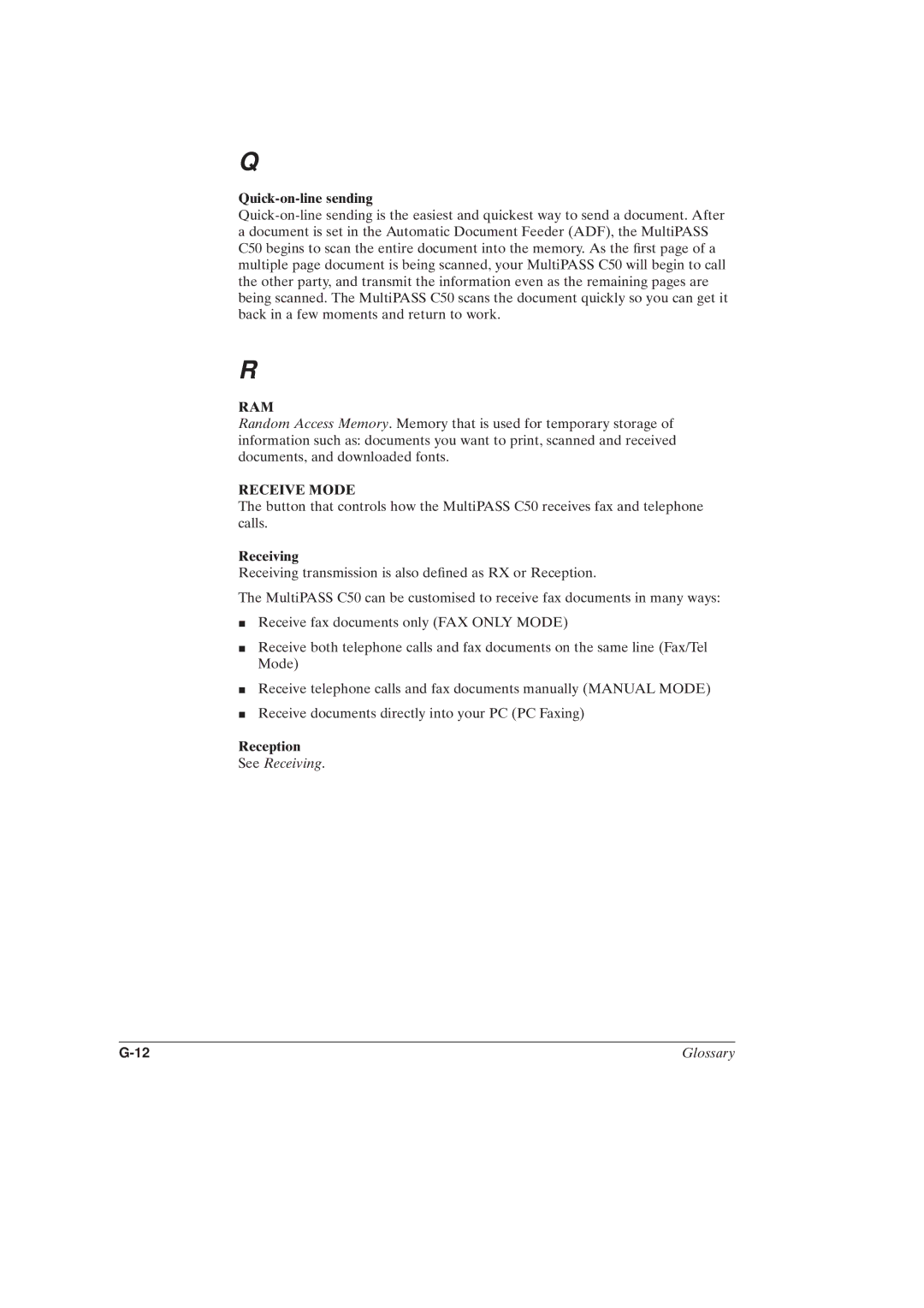 Canon MultiPASSTM C50 manual Quick-on-line sending, Receiving, Reception 