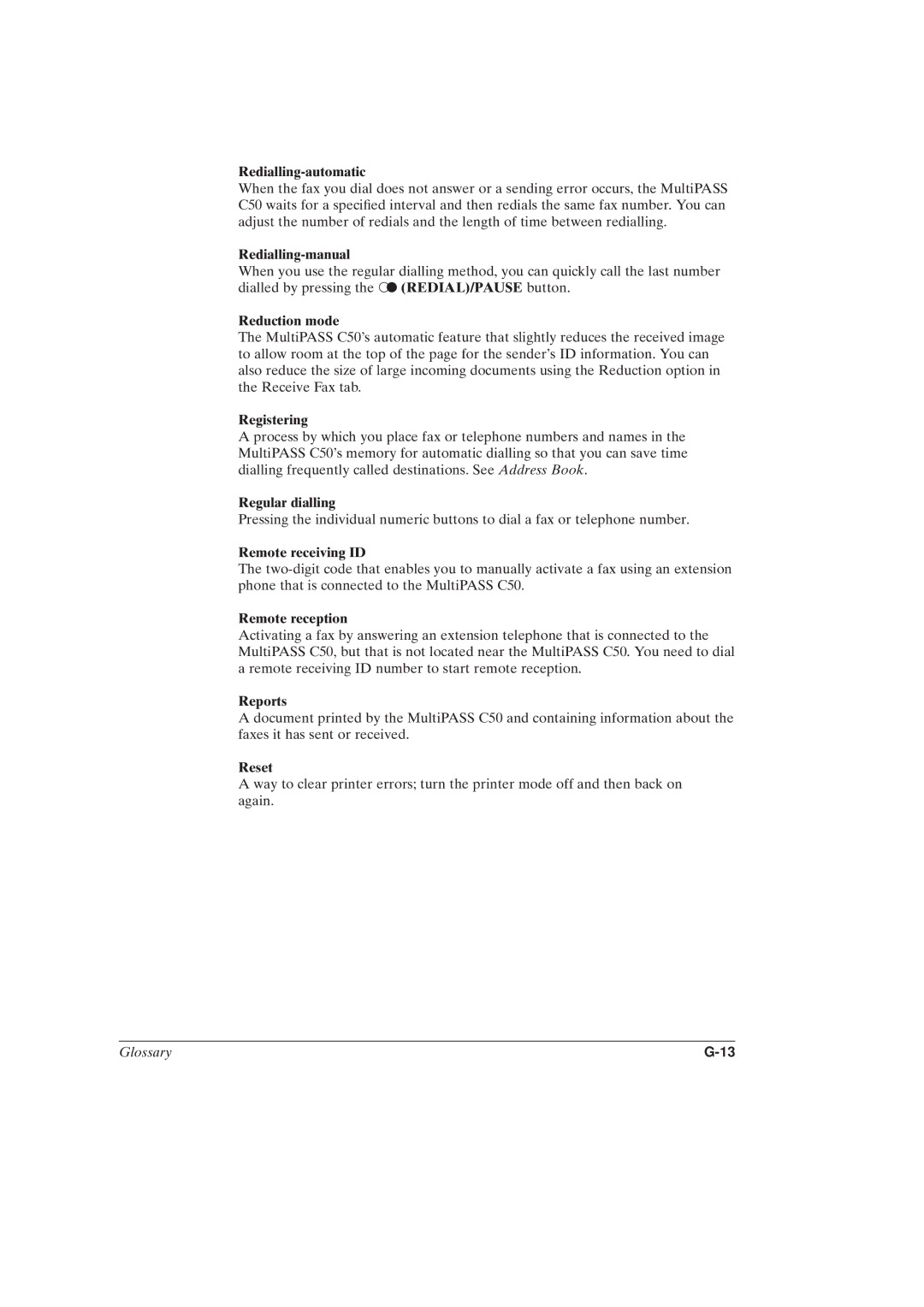 Canon MultiPASSTM C50 Redialling-automatic, Redialling-manual, Reduction mode, Registering, Remote receiving ID, Reports 