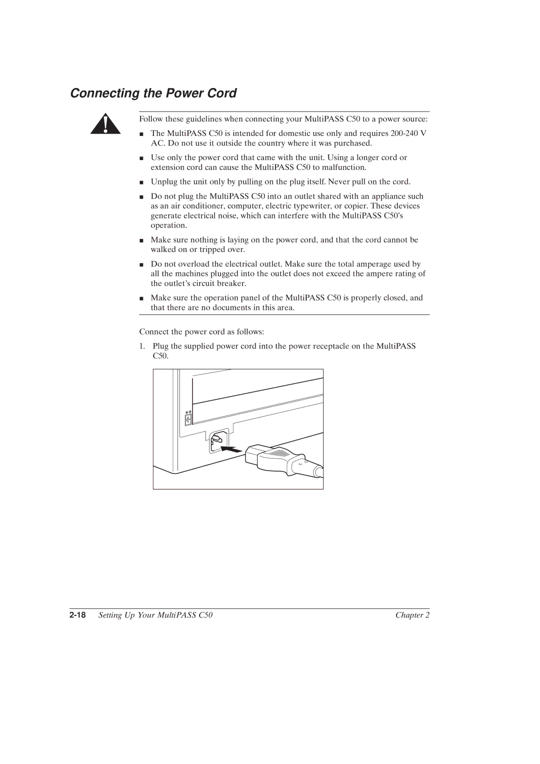 Canon MultiPASSTM C50 manual Connecting the Power Cord, 18Setting Up Your MultiPASS C50 Chapter 