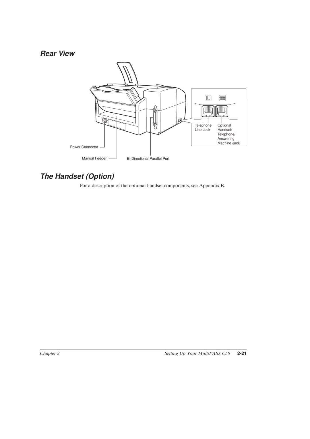 Canon MultiPASSTM C50 manual Rear View, Handset Option 