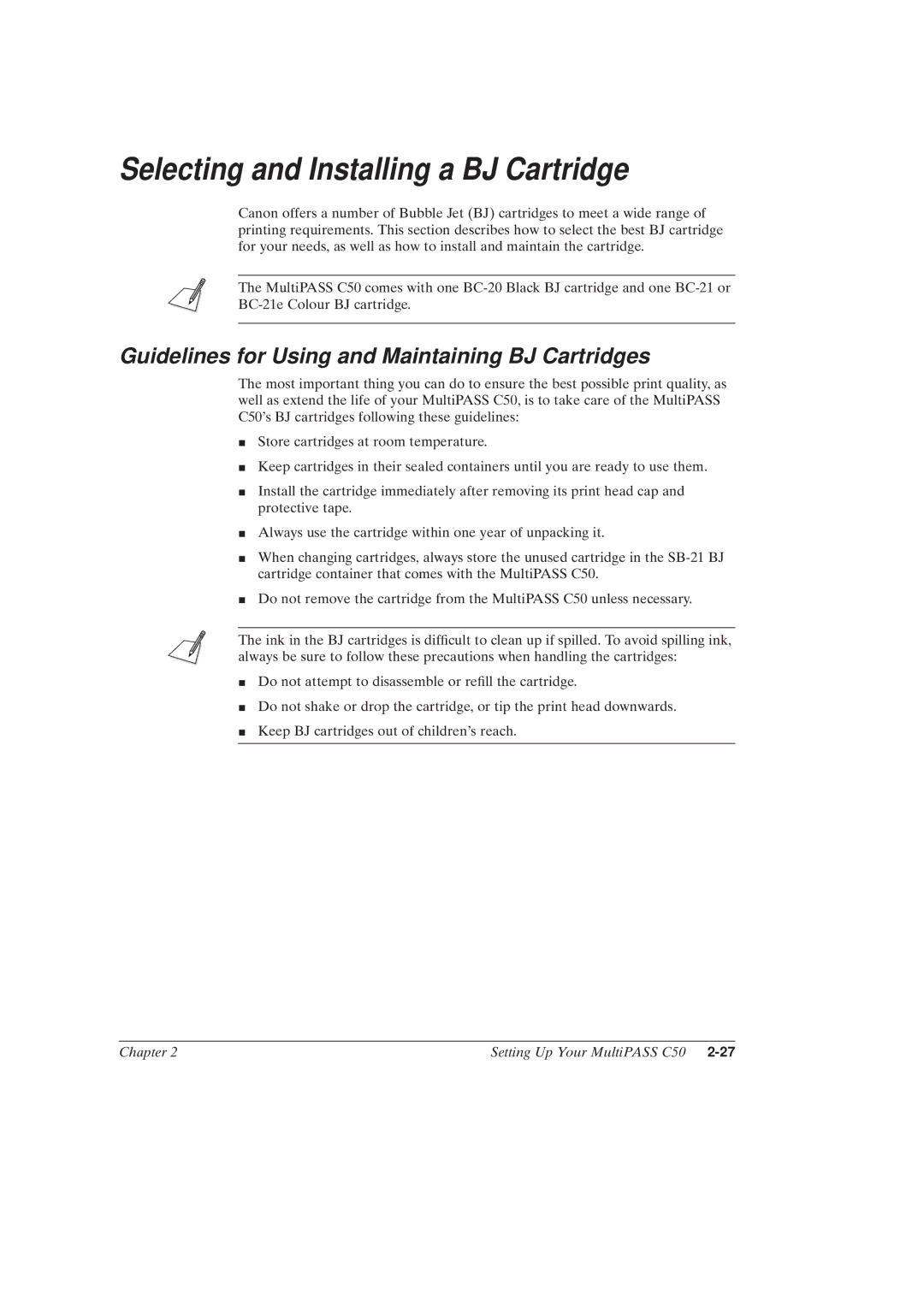 Canon MultiPASSTM C50 manual Selecting and Installing a BJ Cartridge, Guidelines for Using and Maintaining BJ Cartridges 