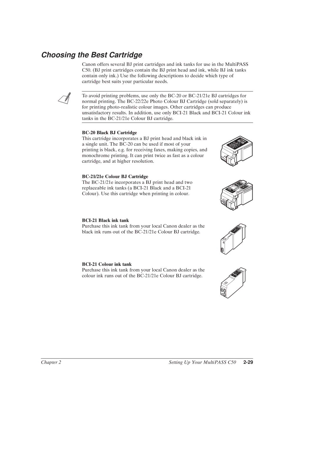 Canon MultiPASSTM C50 manual Choosing the Best Cartridge, BC-20 Black BJ Cartridge, BC-21/21e Colour BJ Cartridge 