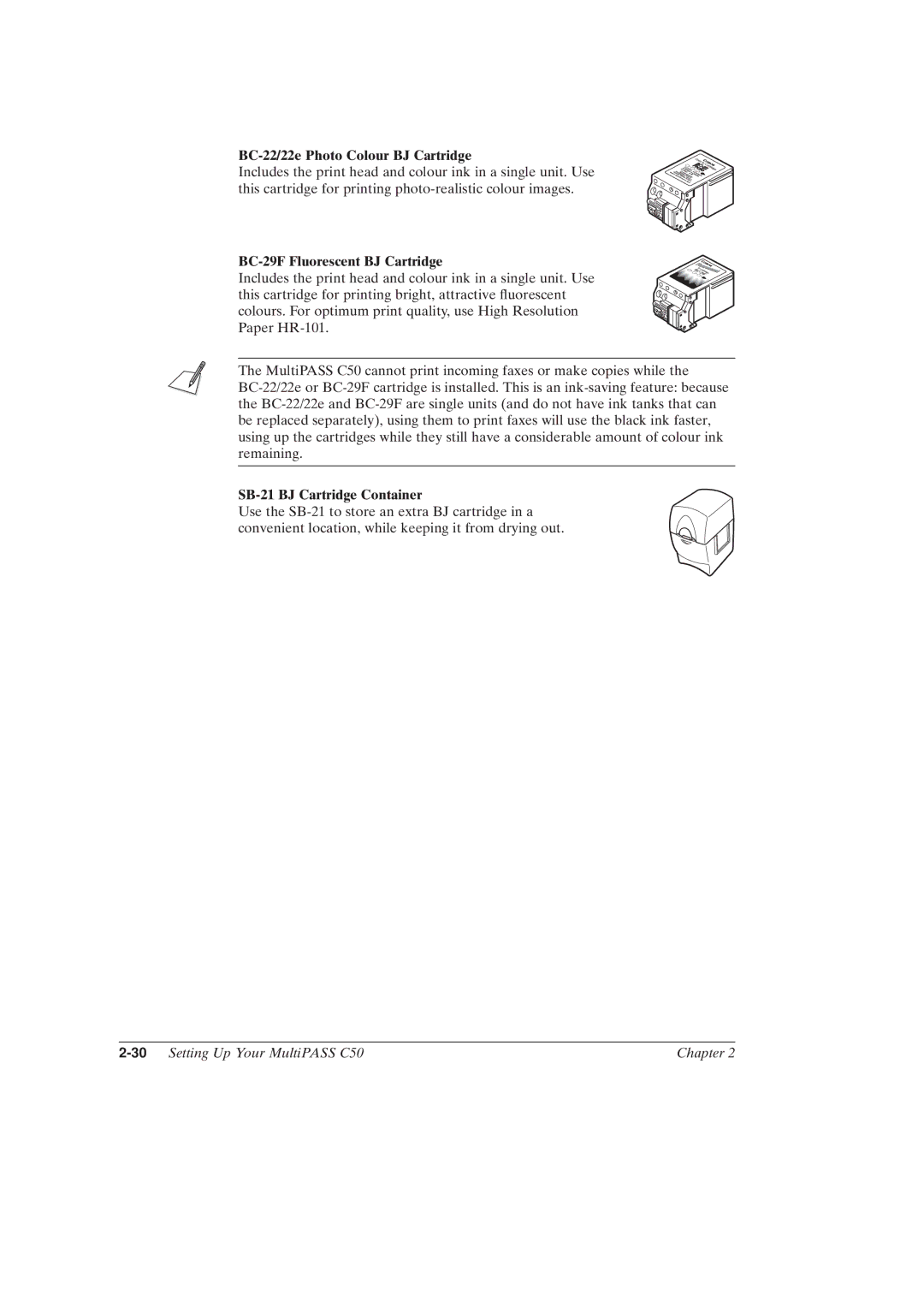 Canon MultiPASSTM C50 BC-22/22e Photo Colour BJ Cartridge, BC-29F Fluorescent BJ Cartridge, SB-21 BJ Cartridge Container 