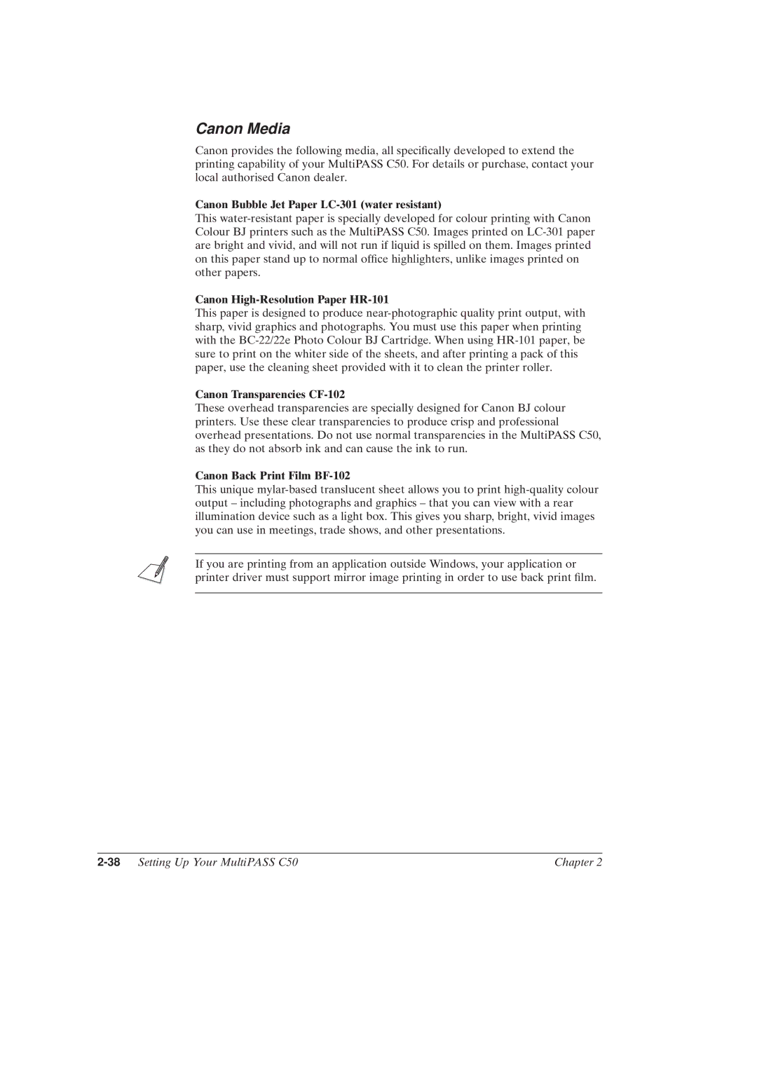 Canon MultiPASSTM C50 manual Canon Media, 38Setting Up Your MultiPASS C50 Chapter 