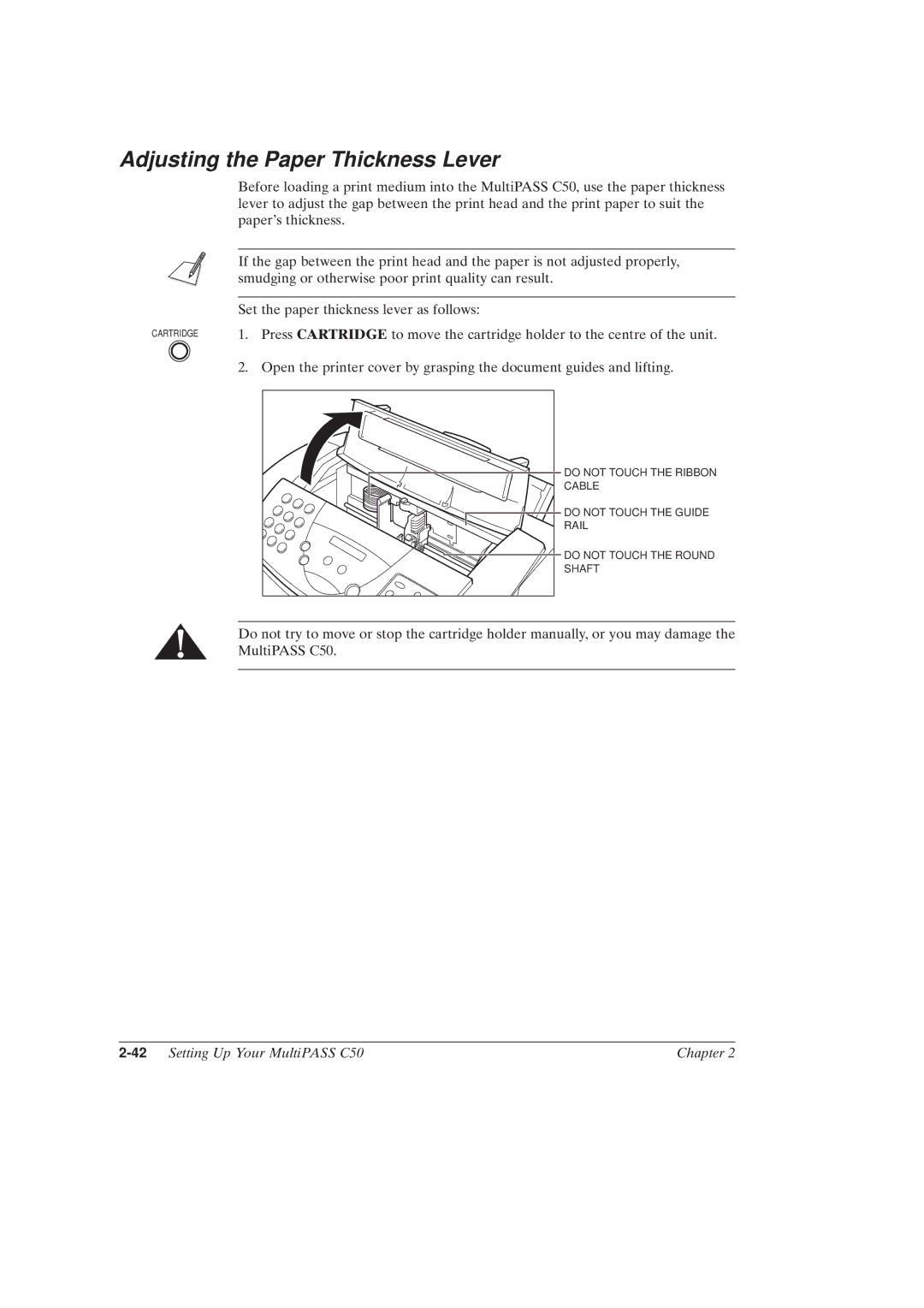 Canon MultiPASSTM C50 manual Adjusting the Paper Thickness Lever, 42Setting Up Your MultiPASS C50 Chapter 