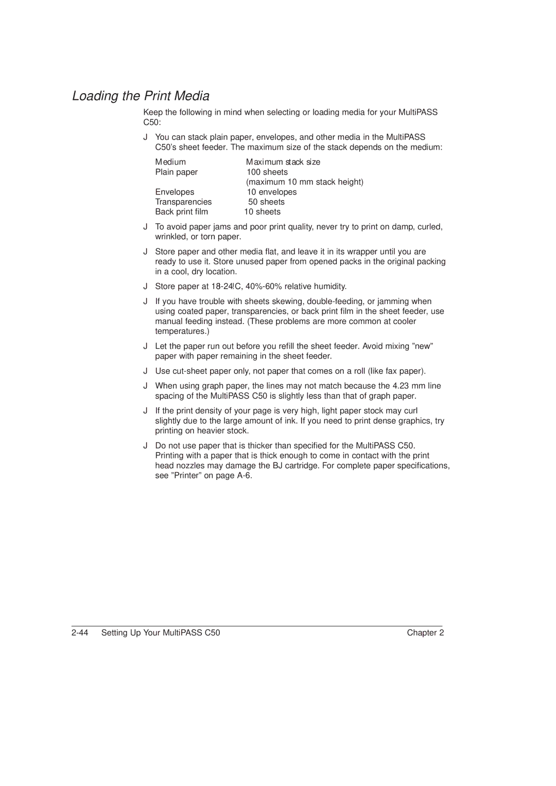 Canon MultiPASSTM C50 manual Loading the Print Media, Medium Maximum stack size, 44Setting Up Your MultiPASS C50 Chapter 