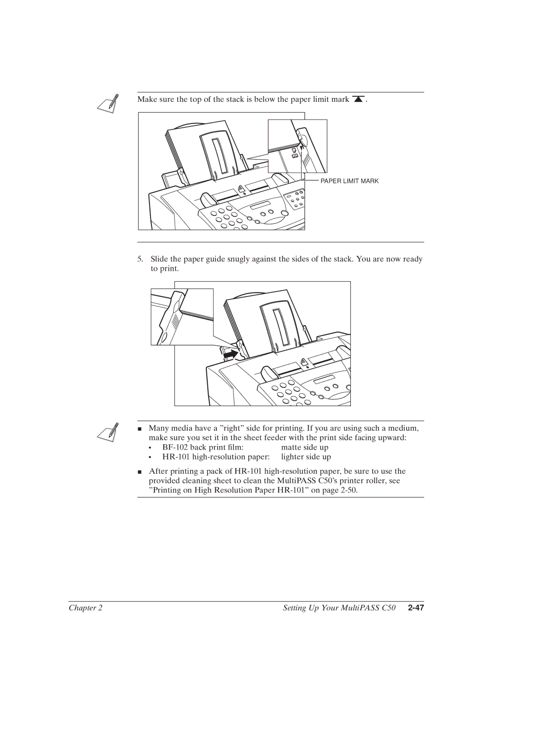 Canon MultiPASSTM C50 manual Make sure the top of the stack is below the paper limit mark 