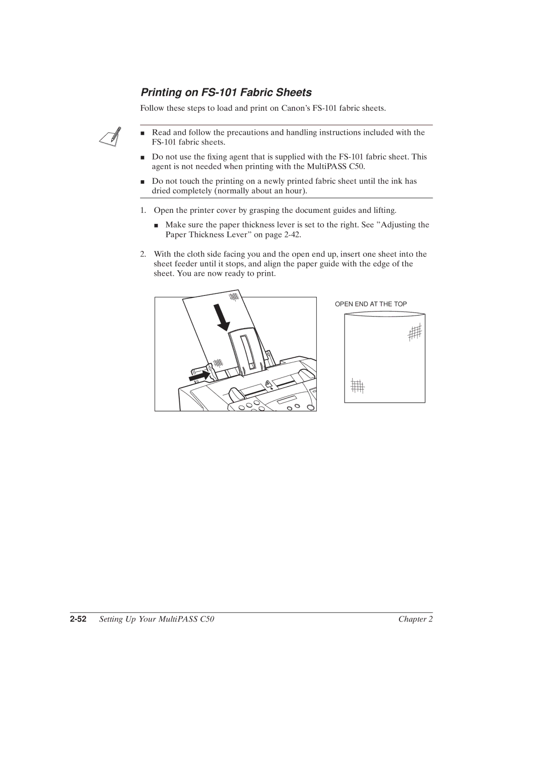 Canon MultiPASSTM C50 manual Printing on FS-101 Fabric Sheets, 52Setting Up Your MultiPASS C50 Chapter 