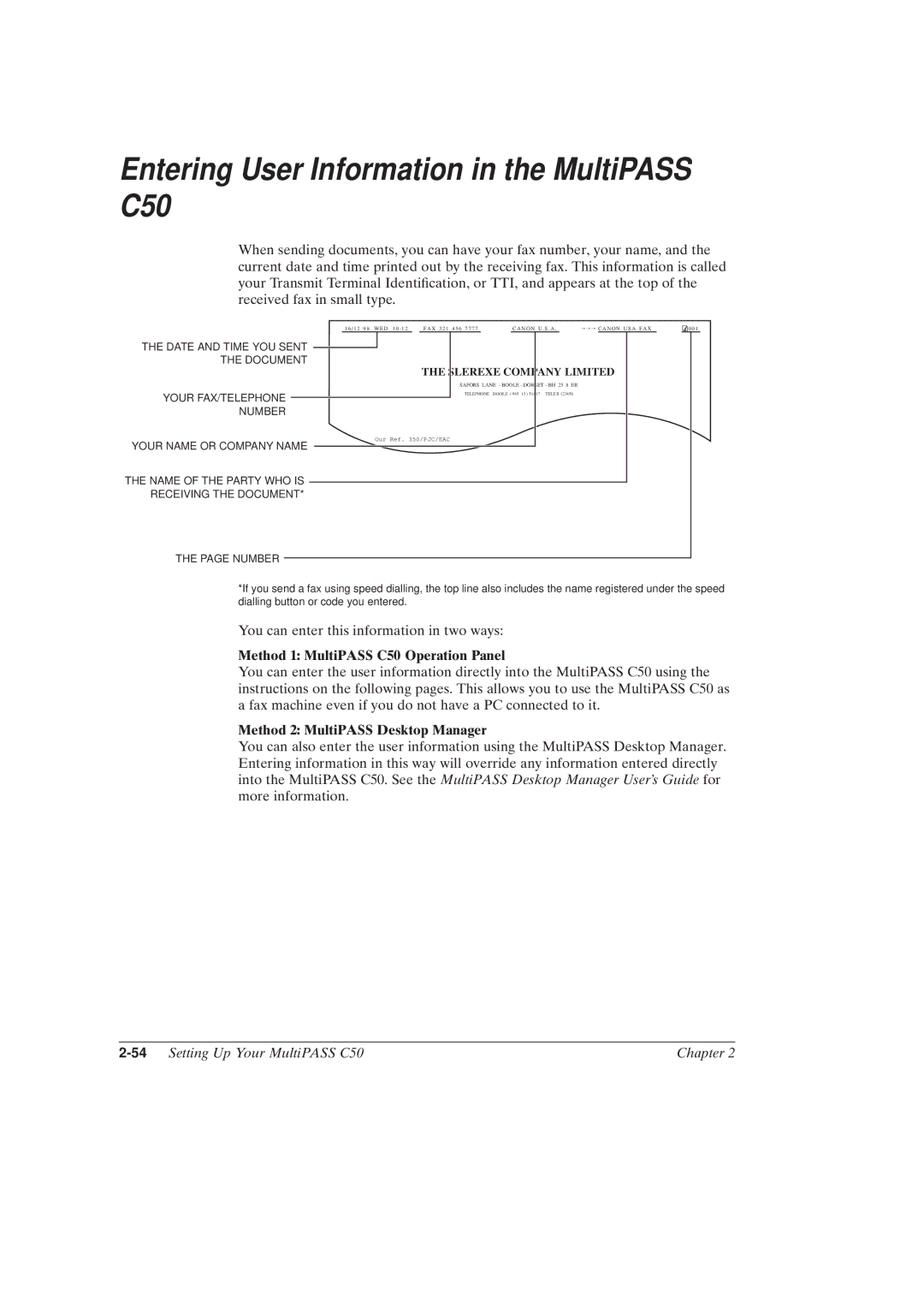 Canon MultiPASSTM C50 manual Entering User Information in the MultiPASS C50, Method 1 MultiPASS C50 Operation Panel 