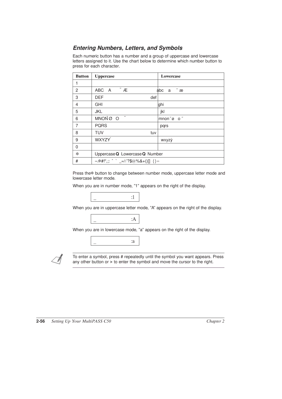 Canon MultiPASSTM C50 manual Entering Numbers, Letters, and Symbols, Button Uppercase Lowercase 