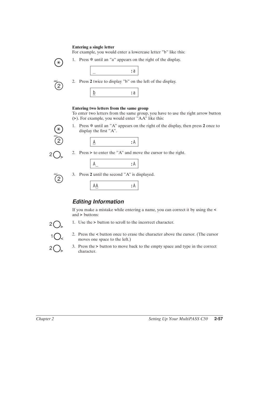 Canon MultiPASSTM C50 manual Editing Information, Aaa, Entering a single letter, Entering two letters from the same group 