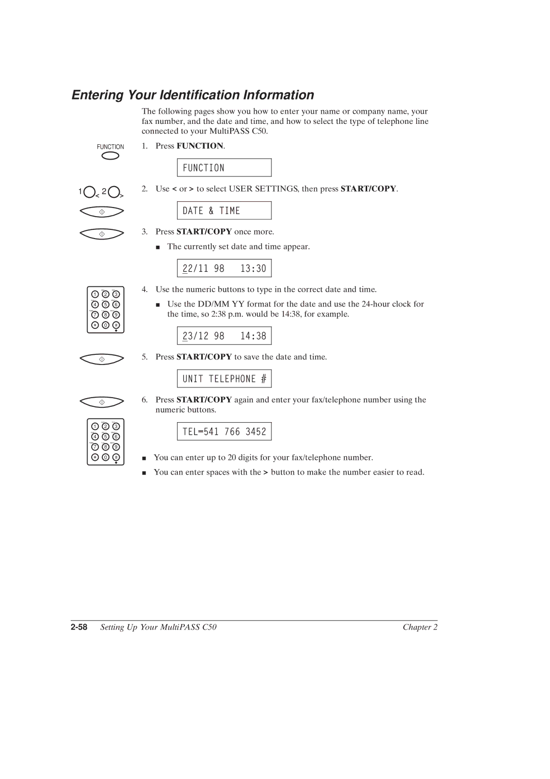 Canon MultiPASSTM C50 manual Entering Your Identication Information, Function, Date & Time, Unit Telephone # 