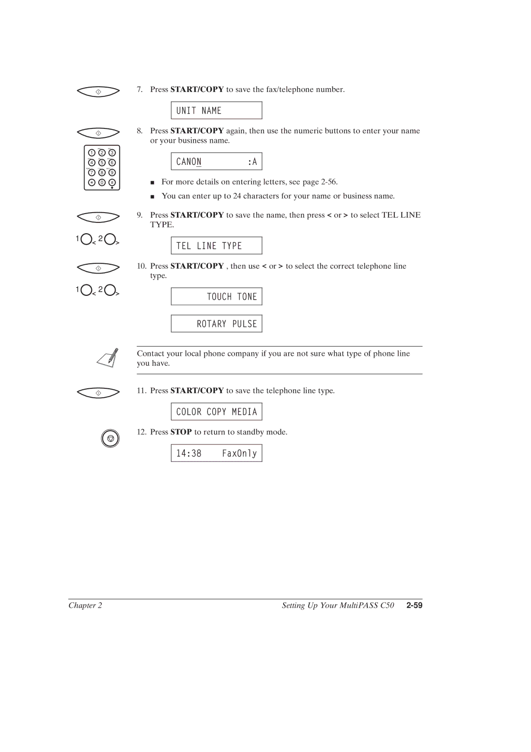 Canon MultiPASSTM C50 manual Unit Name, Canon a, TEL Line Type, Touch Tone Rotary Pulse, Color Copy Media 