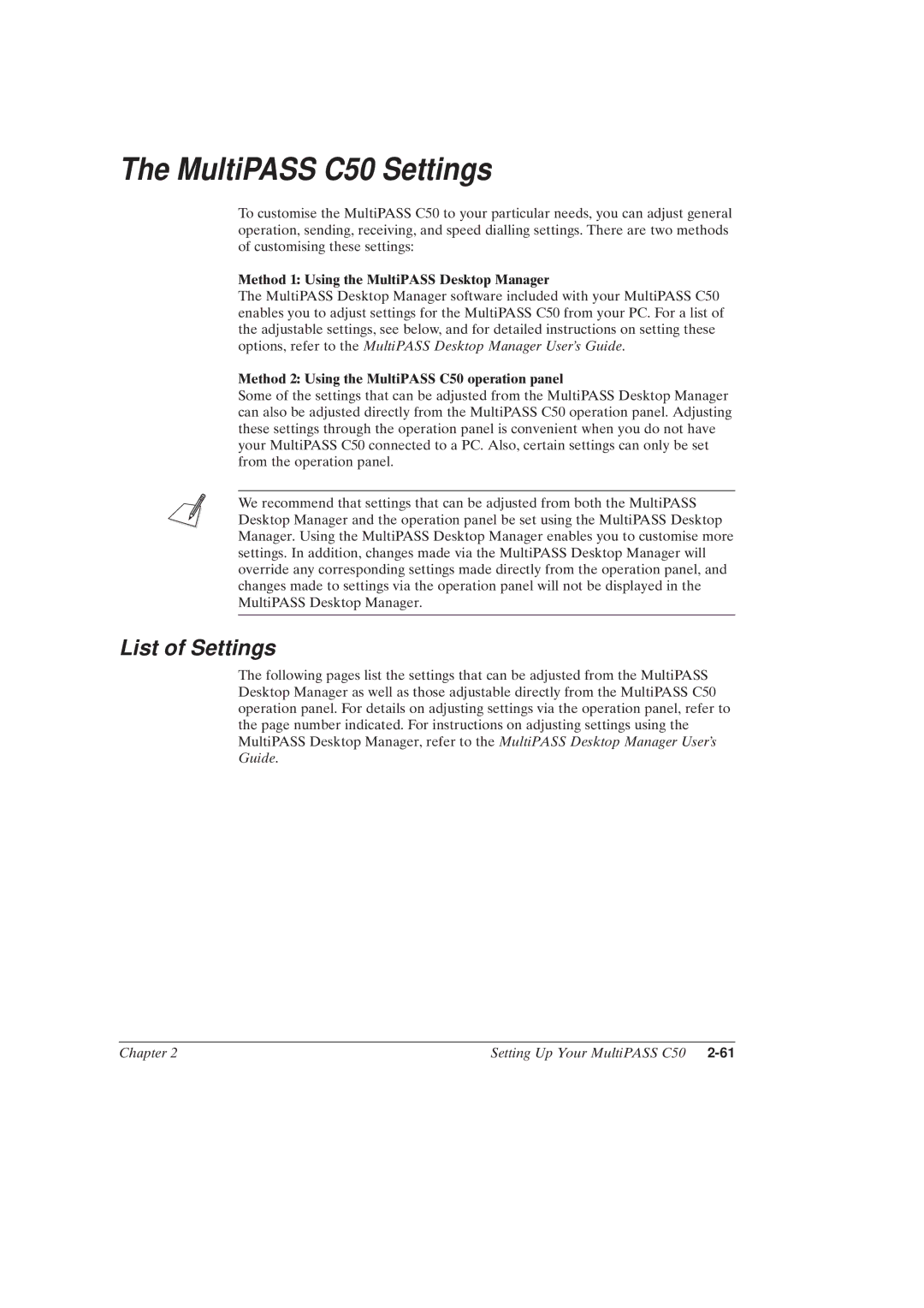 Canon MultiPASSTM C50 manual MultiPASS C50 Settings, List of Settings, Method 1 Using the MultiPASS Desktop Manager 