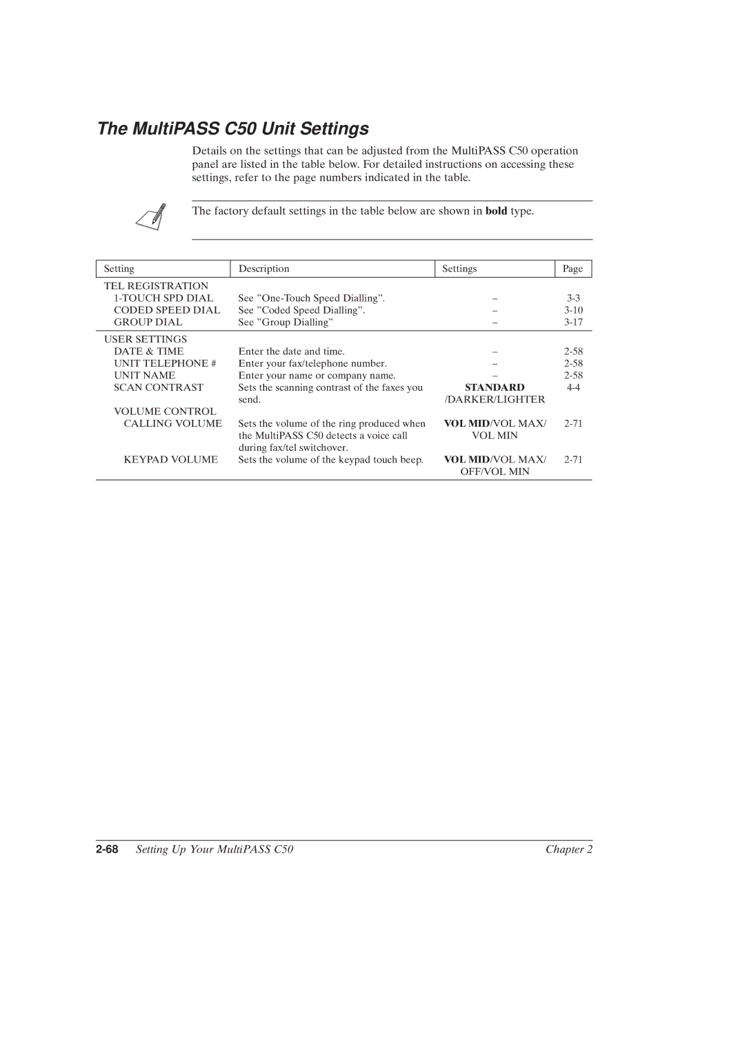 Canon MultiPASSTM C50 manual MultiPASS C50 Unit Settings, 68Setting Up Your MultiPASS C50 Chapter 